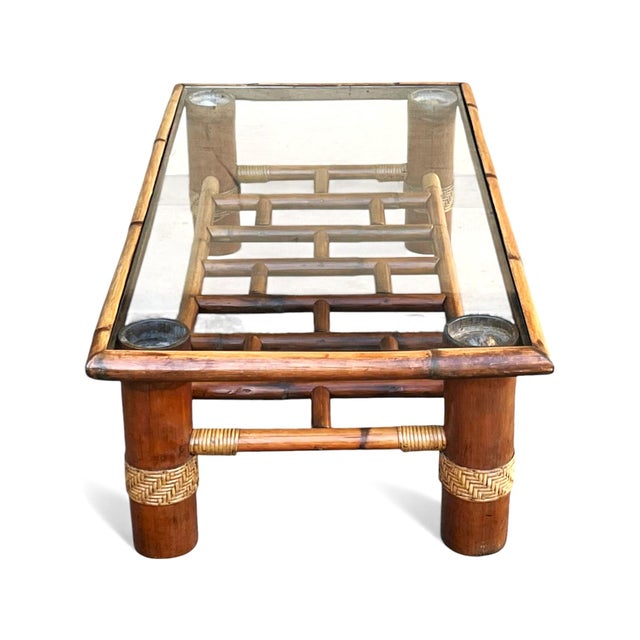 Vintage Bamboo Coffee Table With Glass Top and Rattan Details For Sale - Image 10 of 10