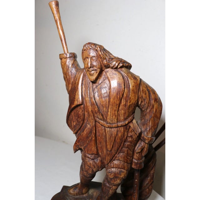 Folk Art 1940s Obscure Folk Art Hand Carved Wood Figural Man Trumpet Sculpture Statue For Sale - Image 3 of 12