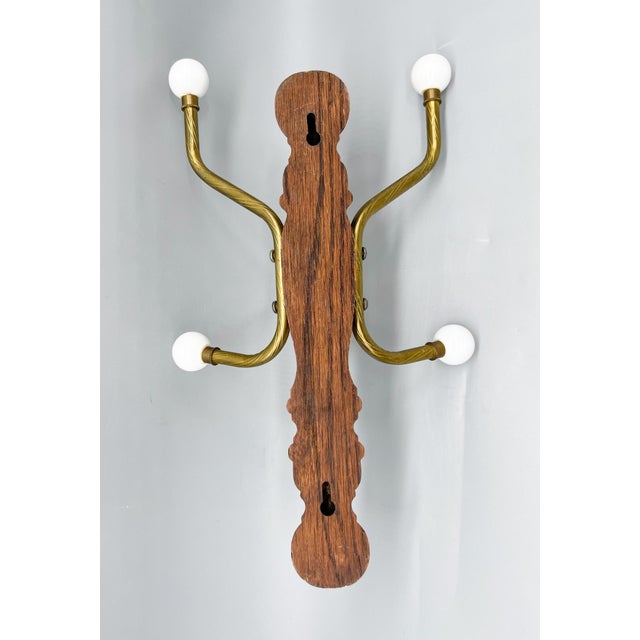 Sculptural Mid-Century Wall-Mounted Coat Rack Hooks With Brass Arms & Porcelain Finials For Sale In Houston - Image 6 of 11