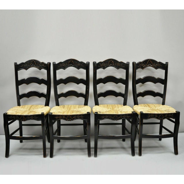 Vintage French Country Rush Seat Ladder Back Black Shell Carved Dining