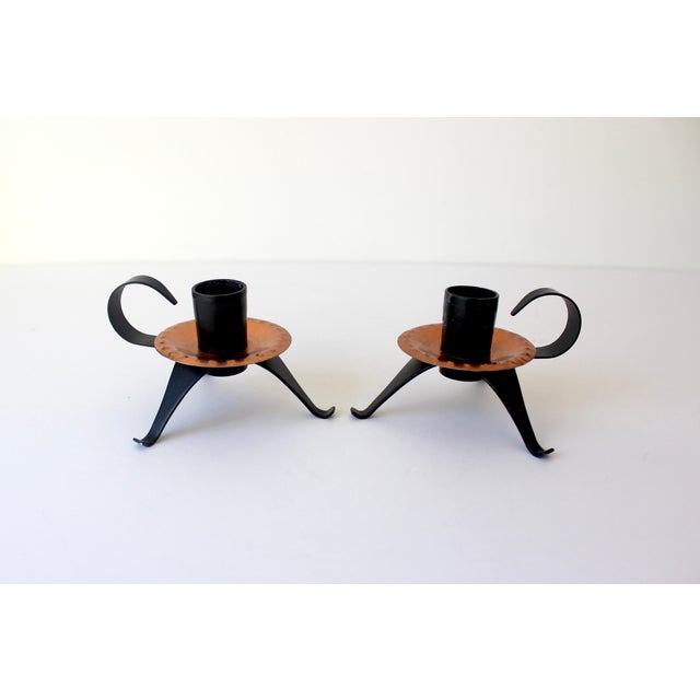 Set of Two Mid Century Modern Retro Atomic Style Copper and Black Candle Holders Made in Sweden For Sale - Image 4 of 10