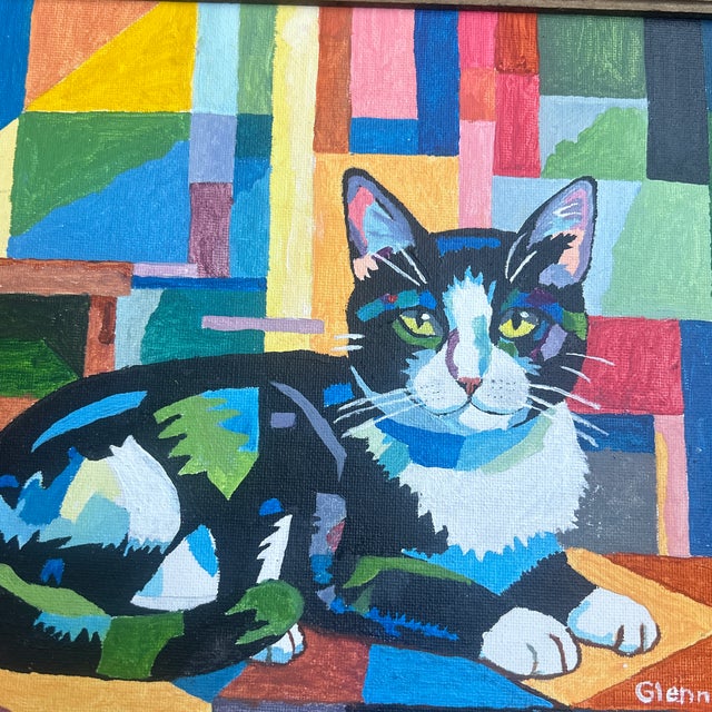 Contemporary original cubist style cat painting by Glenn Moore. Signed and framed. Measures 12x9/ 14.5x11.5 framed. Check...