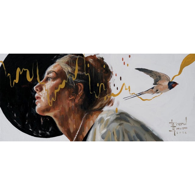 Common Thread 1 by Stefan Smit | Oil on Panel Portrait of a woman with a bird flying nearby For Sale
