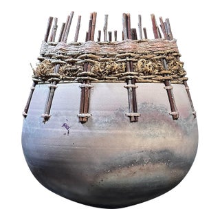 Vintage Organic Modern Fiber and Clay Vessel by Christine and Michael Adcock (Ca. 1980, Signed) For Sale