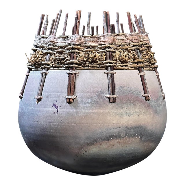 Vintage Organic Modern Fiber and Clay Vessel by Christine and Michael Adcock (Ca. 1980, Signed) For Sale