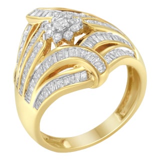 10K Yellow Gold Flashed .925 Sterling Silver 1-1/8 Cttw Round & Baguette Diamond 'Flower & Fern' Cluster Cocktail Fashion Ring - Size 6 For Sale