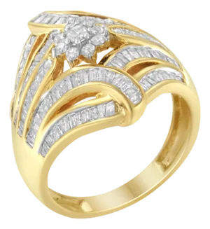 10K Yellow Gold Flashed .925 Sterling Silver 1-1/8 Cttw Round & Baguette Diamond 'Flower & Fern' Cluster Cocktail Fashion Ring - Size 6