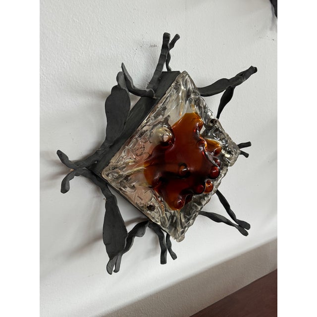 Vintage Wall Lamp with Iron Base and Glass Lampshade in the style of Mazzega, 1970s For Sale - Image 9 of 12