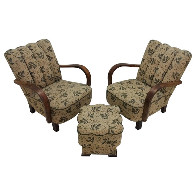 Art Deco Armchairs with Footstool by Jindrich Halabala, 1930s, Set of 3 For Sale - Image 11 of 11