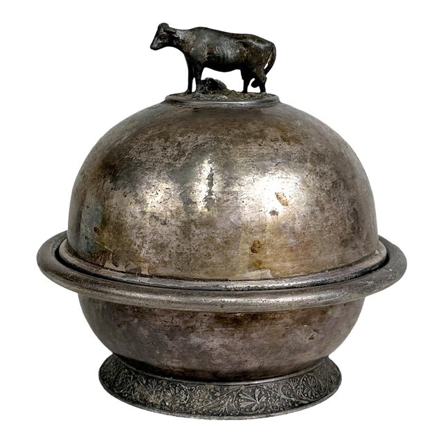 Antique Farmhouse Silverplate Round Domed Cow Butter Dish For Sale