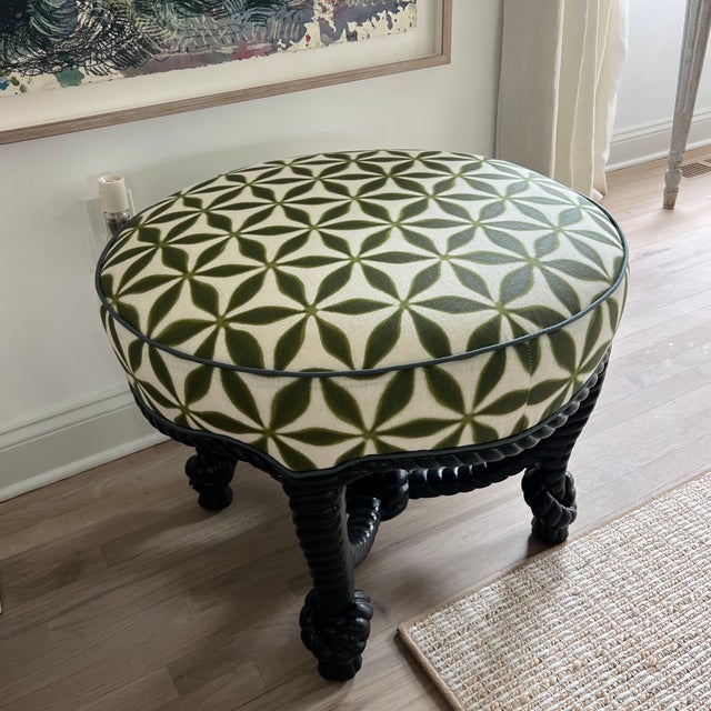 Italian Italian Black Painted Rope Ottoman in Jasper Green Star Linen For Sale - Image 3 of 4
