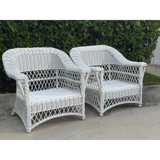 Hollywood Regency Vintage Handwoven Rattan Lounge Chairs With Braided Trim, Pair For Sale - Image 3 of 12