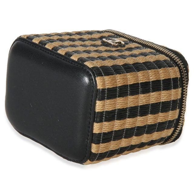 Textile Black Beige Raffia Jute Striped Mini Vanity Case With Chain For Sale - Image 7 of 9