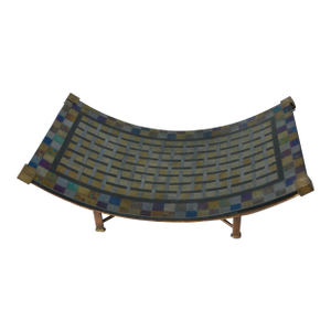 1980s Iridescent Abstract Checker Studio Fused Art Glass, Brass & Iron Pedestal Tray