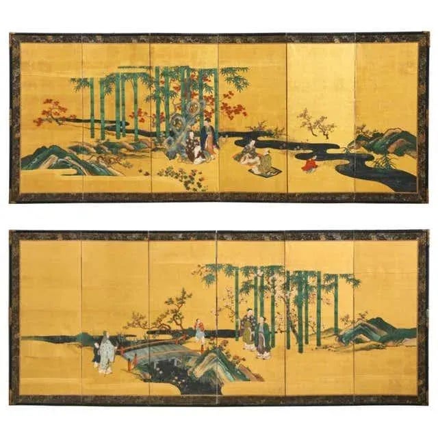 Pair of Japanese Edo Six Panel Screens the Seven Sages For Sale - Image 13 of 13