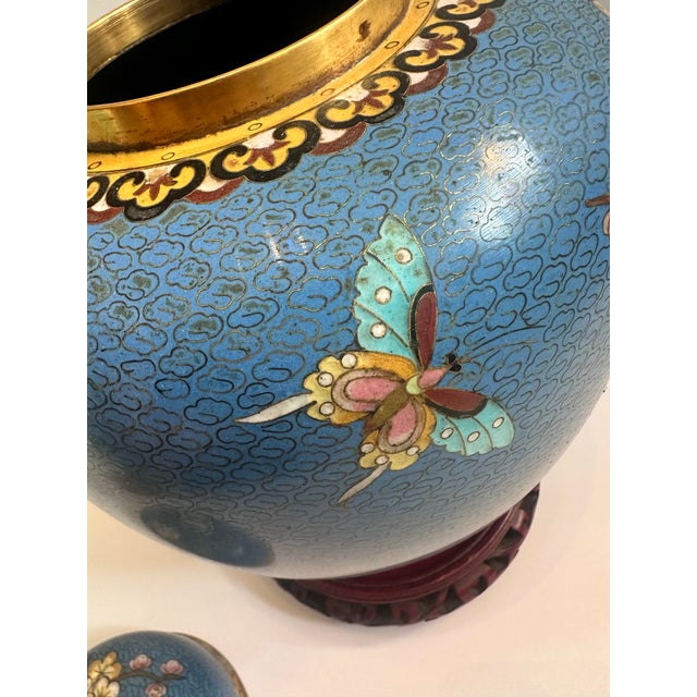 1970s Blue Chinese Cloisonné Ginger Jar on Carved Wood Stand For Sale - Image 5 of 12