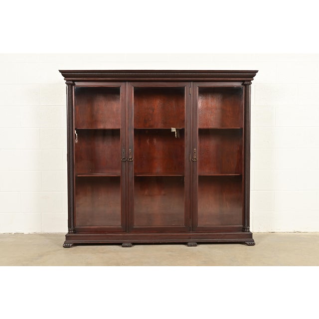 R. J. Horner Style American Empire Carved Mahogany Glass Front Triple Bookcase Cabinet, Circa 1890s For Sale - Image 13 of 13