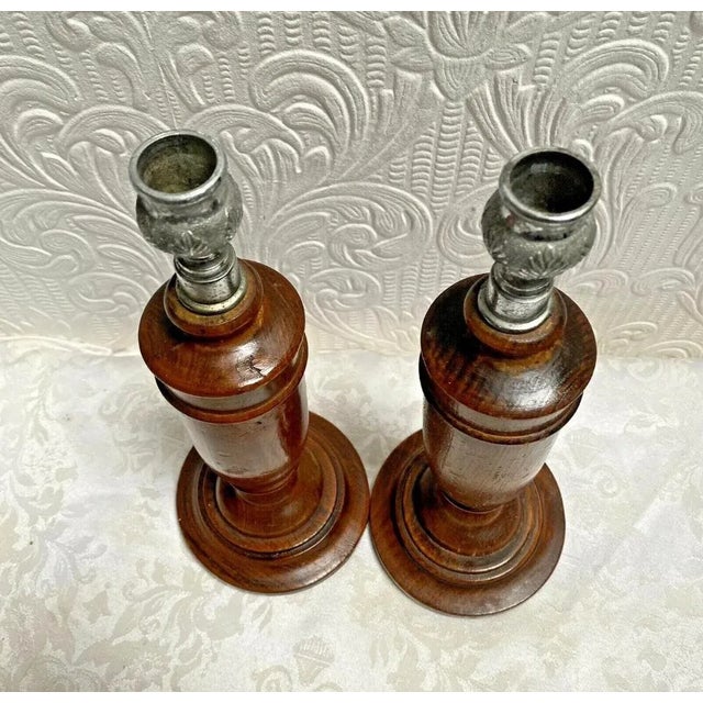 Antique 1890's Oak English Candlesticks Silver Leaf Tops- a Pair For Sale - Image 4 of 11