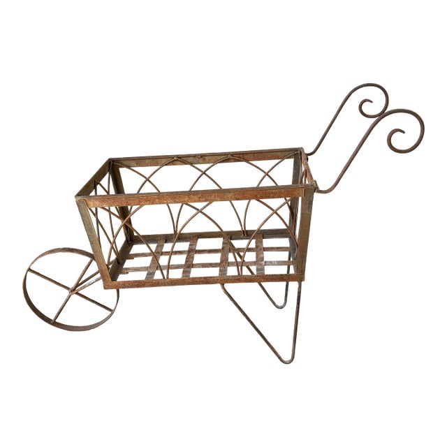 Vintage Outdoor Wrought Iron Wheelbarrow With Flower Planter For Sale