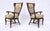 An impressive pair of caned wing back chairs with original upholstery & goose down filled notched custom cushions. Italian...