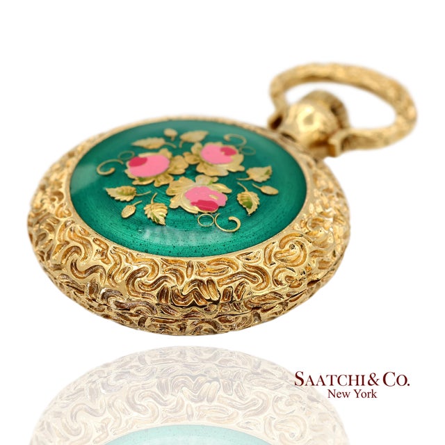 Gold 18k 750 Yellow Gold Enamel Pocket Watch Pendant Necklace For Sale - Image 8 of 14
