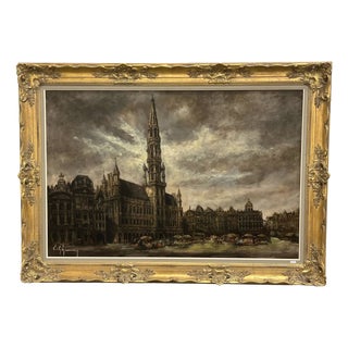 Emile Lammers, Market on the Grand Place in Brussels, 20th Century, Oil on Canvas For Sale
