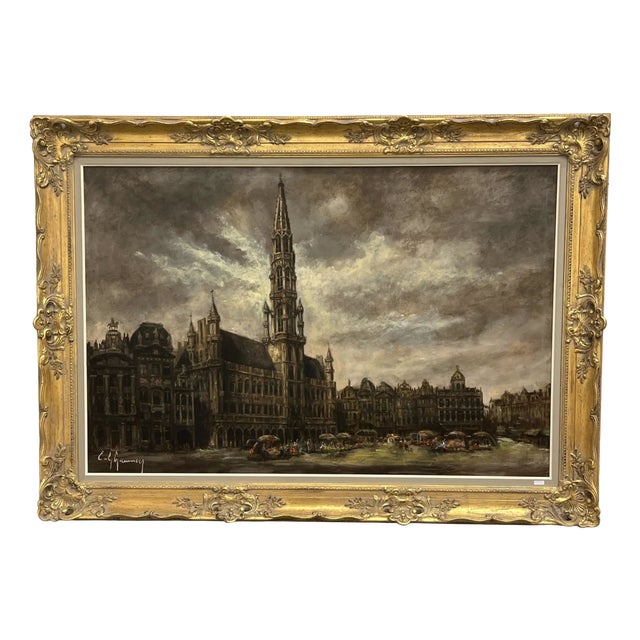 Emile Lammers, Market on the Grand Place in Brussels, 20th Century, Oil on Canvas For Sale