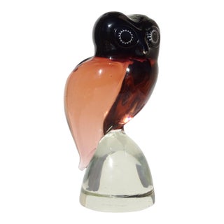 Murano Salviati Signed Sommerso Merlot Red Peach Vintage Italian Art Glass Owl Bird Sculpture For Sale