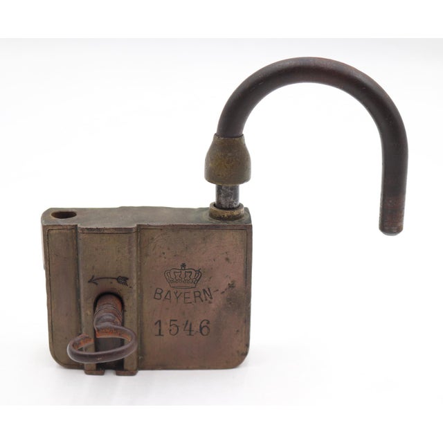 Traditional Antique Brass Bavarian Lever Padlock Lock With Key For Sale - Image 3 of 6