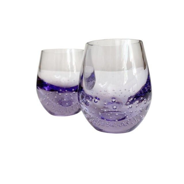 Contemporary 1990s Purple Blown Glass Controlled Bubble Shot Glasses - a Pair For Sale - Image 3 of 5