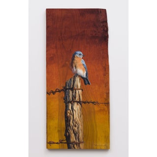 Evening Perch by Terra Novak | Oil on birch Bird sitting on a wooden post at sunset. For Sale