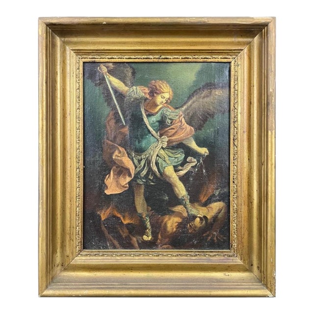 After Guido Reni, "The Archangel Michael Defeating Satan" Oil on Canvas Painting For Sale