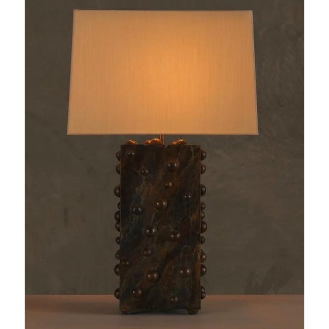 Marbled Vertical Studded Lamp by Lika Moore. Materials: Marble patinated bronze, cream color silk shade. Fabric covered...