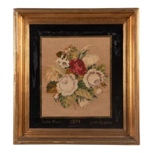 Victorian Bouquet of Roses Needlepoint, Framed, C. 1874