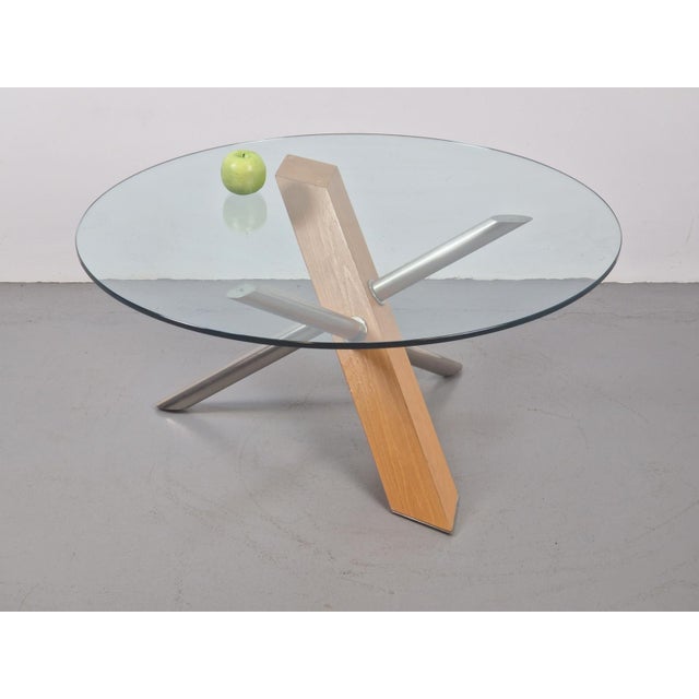 1990s Postmodern Cross Leg Coffee Table in Wood, Stainless Steel and Glass, Italy, 1990s For Sale - Image 5 of 8
