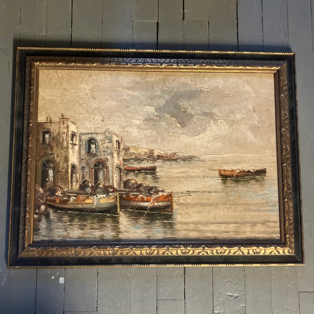 Wood 1950’s Original Impressionist Italian Venice Large Waterfront Painting Signed For Sale - Image 7 of 7