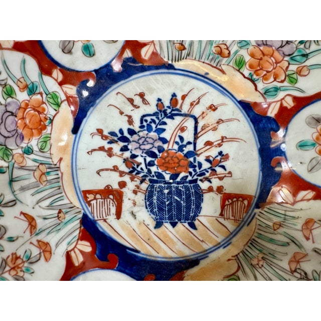 Vintage Scalloped Edge Imari Bowl Decorated With Colorful Floral Patterns & Butterflies From Japan - Circa 1940 For Sale In Dallas - Image 6 of 12