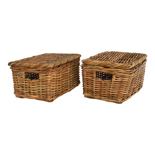 1960s Mid Century French Rattan Storage Baskets- a Pair For Sale