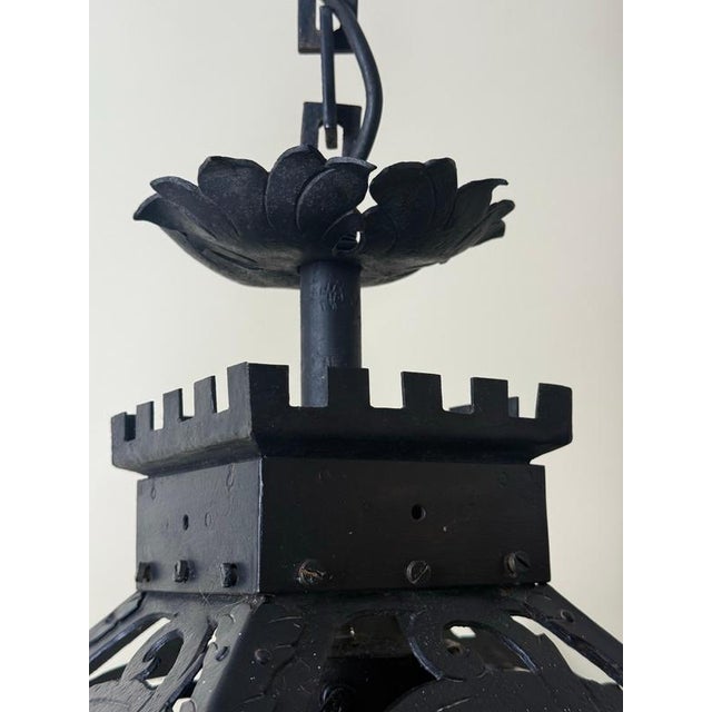 Antique Gothic Revival Wrought Iron Castle Chandelier with Turrets, 1910 For Sale - Image 16 of 18