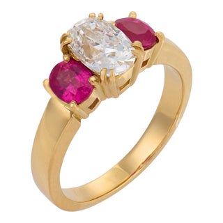 Vintage Gia 1.04 Carat Old Mine Cut Diamond Ruby 18k Gold Three Stone Ring, Size 5.75 For Sale