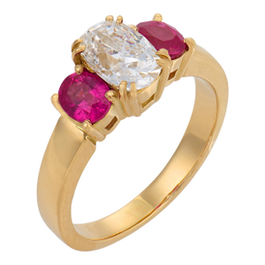 Vintage Gia 1.04 Carat Old Mine Cut Diamond Ruby 18k Gold Three Stone Ring, Size 5.75