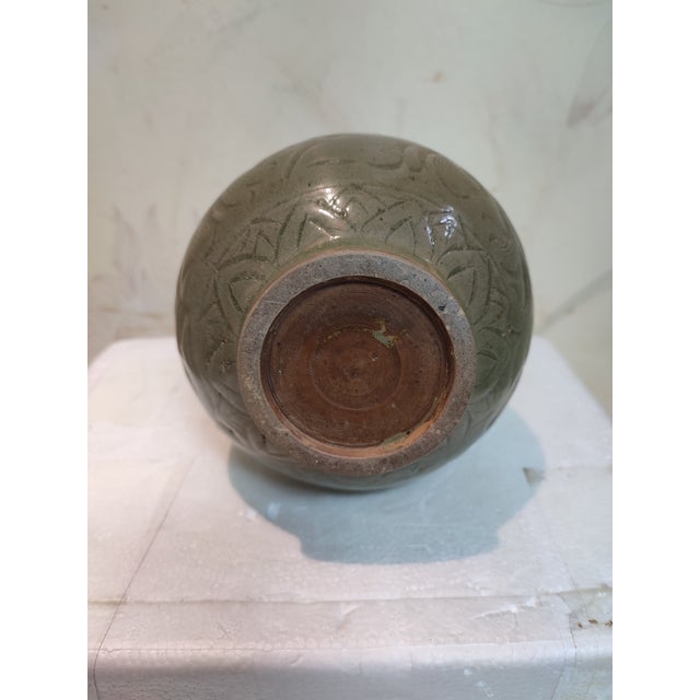Chinese Ceramic Vase Yaozhou Ware Celadon Yuhuchun Vase Hand Carved Flowers Pattern For Sale In Seattle - Image 6 of 10