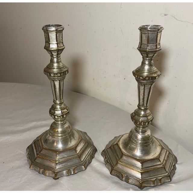 Fine Pair of 18th Century Louis XIV French Silvered Bronze Candlesticks Boulle For Sale - Image 12 of 15
