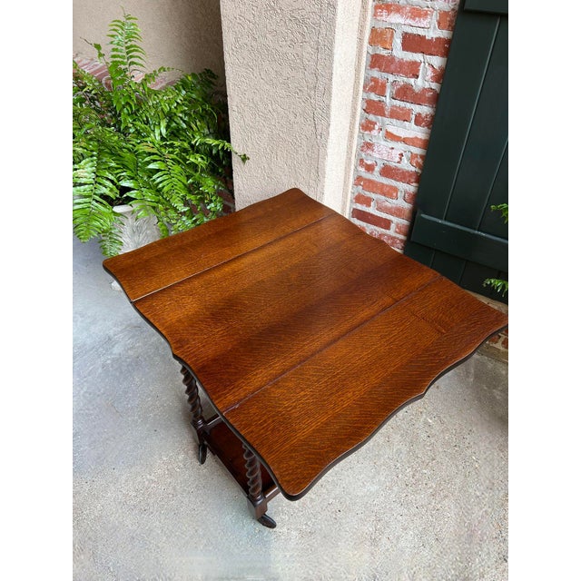 Antique English Tea Trolley Drinks Cart Barley Twist Dumbwaiter Drop Leaf Table For Sale - Image 9 of 12