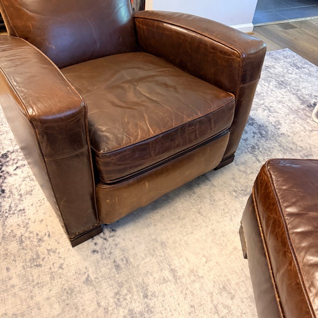 Brown Restoration Hardware Library Chair With Ottoman For Sale - Image 8 of 12