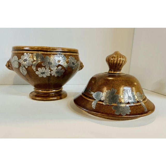 Ceramic Mid Century Pottery Urn With Metal Accents For Sale - Image 7 of 8