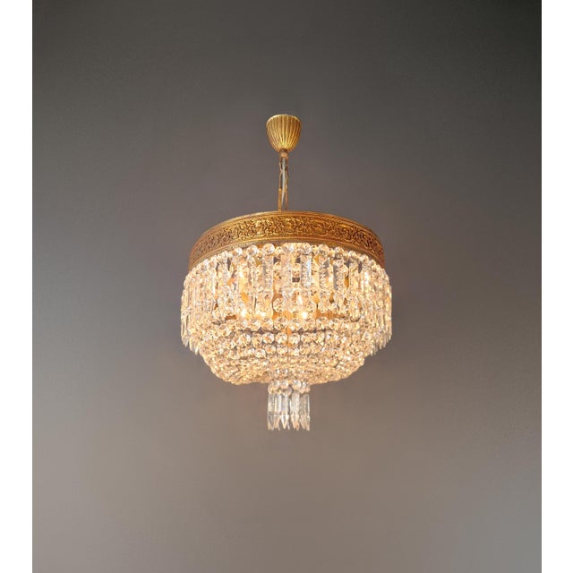 1930s Antique Oval Flush Mount Chandelier Brass Crystal Ceiling Light Restored Gold For Sale - Image 5 of 10