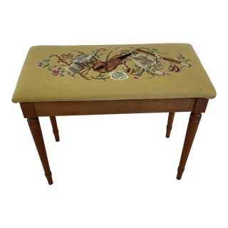 Mid-Century Needlepoint Maple Piano Bench With Music Motif. For Sale