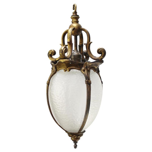 French Art Nouveau Brass and Etched Glass Lantern Pendant Light, 1920s For Sale - Image 12 of 12