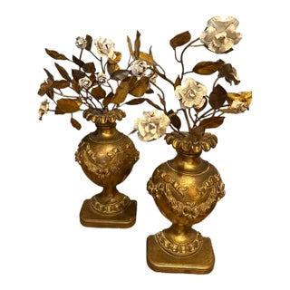 Antique Italian Gilded Wood Middle Urns With Metal Flowers- A Pair For Sale